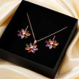 Stainless Steel Colorful Floral Jewelry Set For Women Rose Gold Rhinestone Flower Necklace And Earrings Fashion Accessory Gift