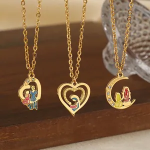 Mothers Day Heart Pendant Necklace 18K Gold Plated Stainless Steel With Rhinestones And Enamel Gift For Women Mom