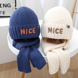 Kids Knitted Beanie And Scarf Nice Letter Embroidery Thick Warm Winter Outdoor Neck Warmer Boys Girls