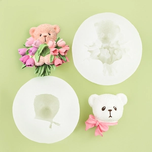 Moule en silicone DIY pour ours en peluche 3D avec fleurs et nœud à pois rose