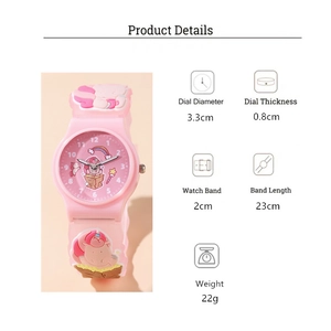 Detailed size specifications for pink unicorn kids watch with flexible silicone strap