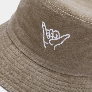 Foldable khaki cotton bucket hat with white hand embroidery for outdoor hiking