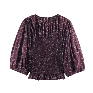 Polka Dot Women Blouse Polyester Balloon Sleeve Smocked Waist Round Neck Casual Elegant Top