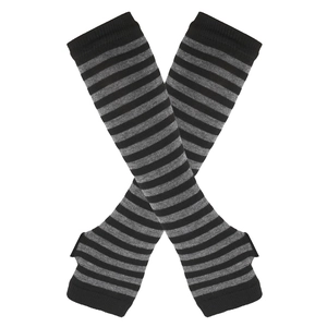 Detail of black and gray striped knit arm warmers with thumb holes on white background