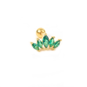 Detailed macro view of S925 sterling silver gold crown earring with green marquise stones