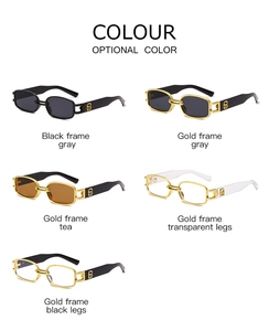 Detailed close-up showing five color variants of trendy small rectangle metal sunglasses