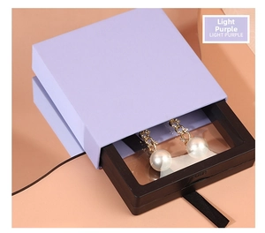 Detail of light purple sliding jewelry box with transparent PE film for earring display