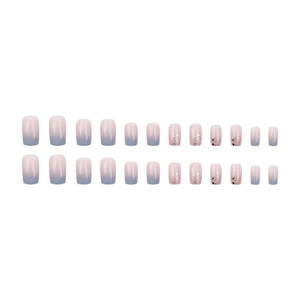 Short square press-on nails with baby blue gradient, glitter, and rhinestone accents