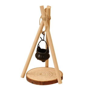 Miniature dollhouse wooden campfire tripod with black hanging pot for outdoor scenery