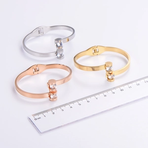 Three-color 304 stainless steel open bangles set with sparkling round cubic zirconia stones