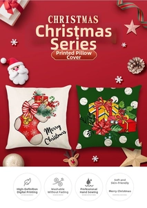 Détail de housses de coussin de Noël avec imprimés festifs rouges et verts