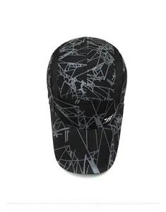 Top view of a black quick-dry baseball cap with grey geometric mesh pattern detail