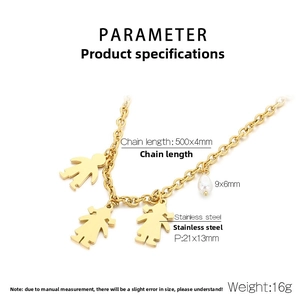 Detailed product dimensions for gold stainless steel necklace with boy girl charms