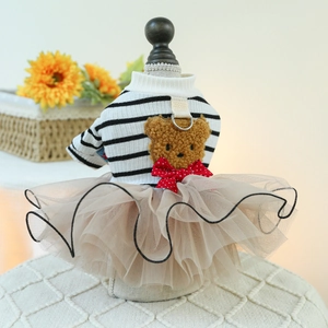 Detail of pet dress with bear patch, striped top and khaki layered mesh tutu skirt