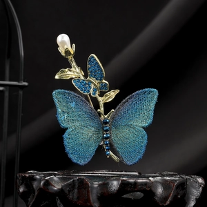 Elegant Blue Butterfly Brooch Pin Alloy With Rhinestone Embroidery Wings And Artificial Pearl For Women Vintage Style Jewelry