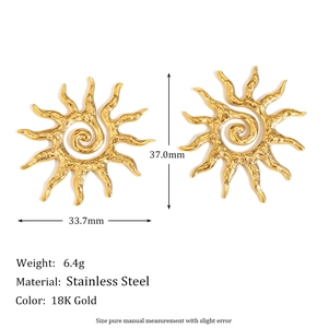 18K gold plated stainless steel sunburst spiral stud earrings with elegant sun ray pattern