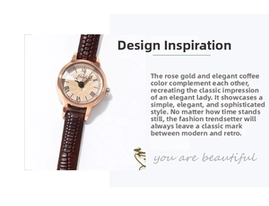 Macro detail of Gedi women's watch with rose gold case and brown leather strap