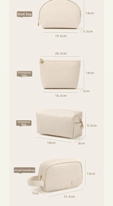 Detailed size chart for four styles of beige woven PU leather makeup and toiletry bags