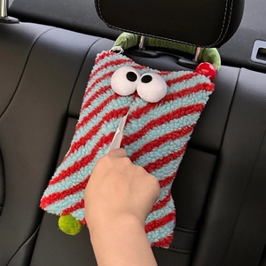 Hanging plush monster car tissue box in red and blue stripes with soft texture
