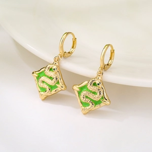 18K gold plated snake totem earrings with green enamel inlay and diamond accents