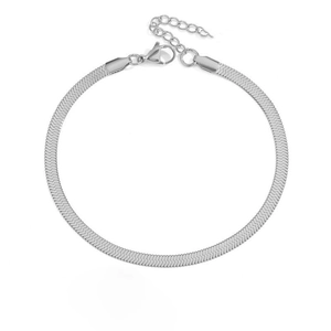 Polished silver flat snake bone chain anklet with lobster clasp on white background
