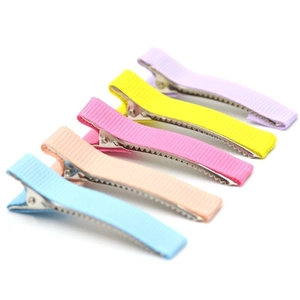 Set of five colorful candy-colored duckbill hair clips with ribbed ribbon wrap detail