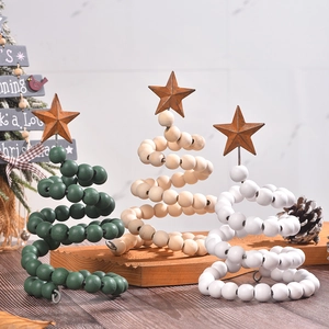 Wood Bead Spiral Christmas Tree Desktop Ornament With Rusted Metal Star Rustic Nordic Holiday Home Decor