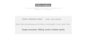 Size chart for washed cotton baseball cap detailing head circumference and visor dimensions