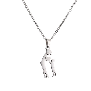 Polished stainless steel necklace featuring a mother and son silhouette heart pendant