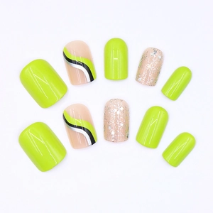 Neon green glitter press-on nails set with wavy wave patterns and silver shimmer