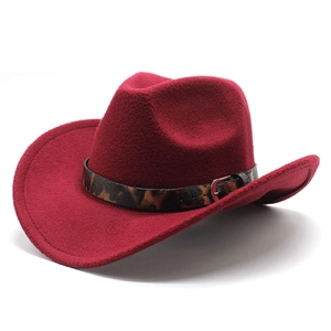 Detail of burgundy wool felt cowboy hat featuring leopard print band with metal buckle