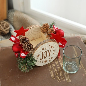 Handcrafted Christmas wooden candle holder with pine cones, red star, and JOY lettering