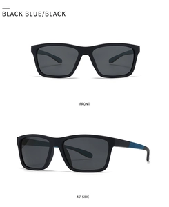 Front and 45-degree side views of classic matte polarized sunglasses in black and blue
