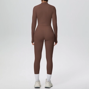 Vista posteriore dei leggings yoga marroni a vita alta e del crop top sportivo a maniche lunghe