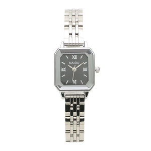 Silver square stainless steel quartz watch for women with black Roman numeral dial
