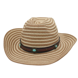 Straw western cowboy hat with brown spiral stripes and turquoise leather band decoration