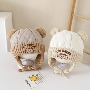 Kids Winter Earflap Hat Quilted Knit Bear Ears Warm Windproof Cute For Toddler Boys Girls Outdoor