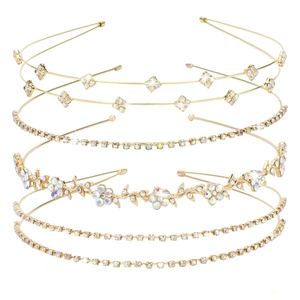 Detailed set of 5 minimalist gold bridal headbands with shimmering rhinestones and pearls