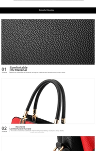 Detail of black lychee grain PU leather with red contrast stitching and gold metal buckles