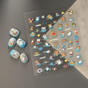 3D embossed summer cartoon nail stickers with bear, watermelon, and swimming pool themes