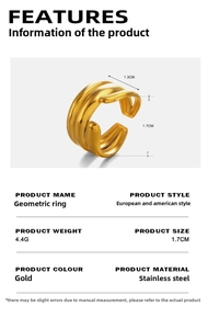 Detail view of 18K gold plated geometric ring showing dimensions of 1.7cm and 4.4g weight