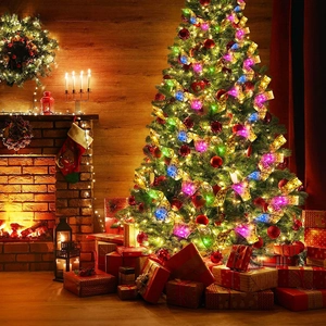 Detailed view of decorated Christmas tree with LED ribbon lights and festive ornaments