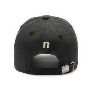 Rear view of black cotton baseball cap with white n embroidery and adjustable metal buckle