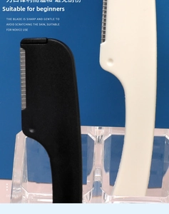 Detail of eyebrow razors with safety protective mesh and ergonomic handles in a storage box