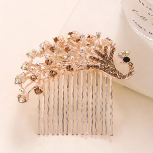 Rose gold peacock hair comb with brown and iridescent rhinestones for bridal hairstyle