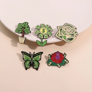 5-piece set of enamel money pins featuring money tree, dollar rose, and green butterflies