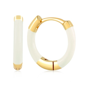Close-up of gold and white enamel hoop earrings with a sleek minimalist round design