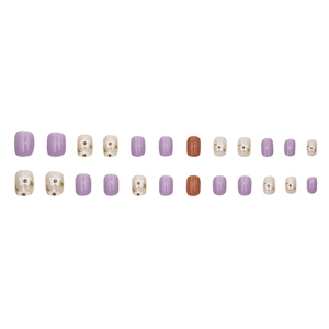 Short square press-on nails set with purple and brown glossy finish with floral patterns