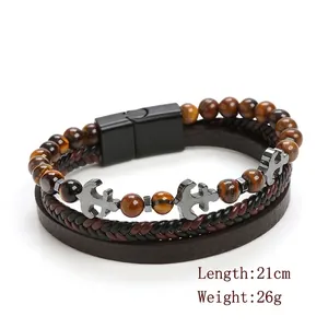Three-layer tiger eye stone and leather bracelet with magnetic clasp, 21cm length