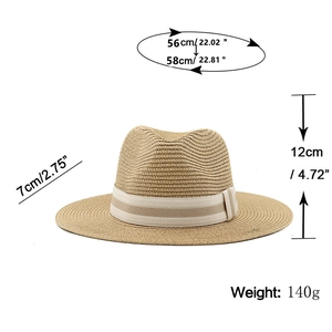 Straw Panama hat with striped band, 7cm brim, 56-58cm head circumference for beach sun protection